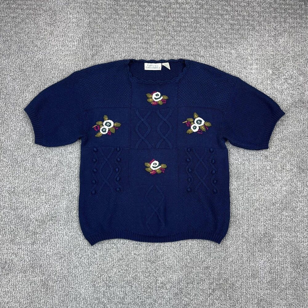 Vintage Sweater Women Large Blue Short Sleeve Floral Embroidered Grandma Cottage